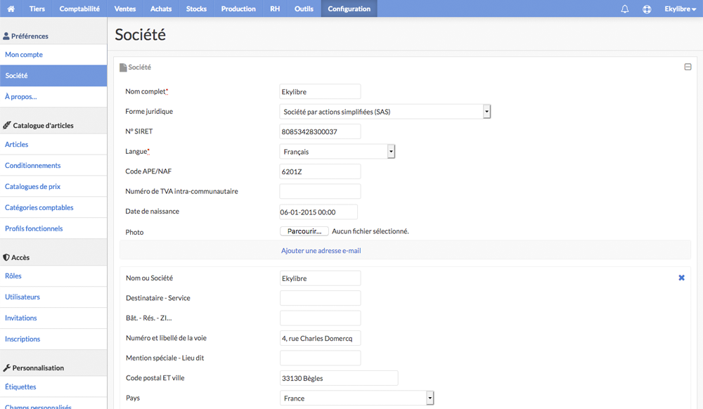 Paramétrage société