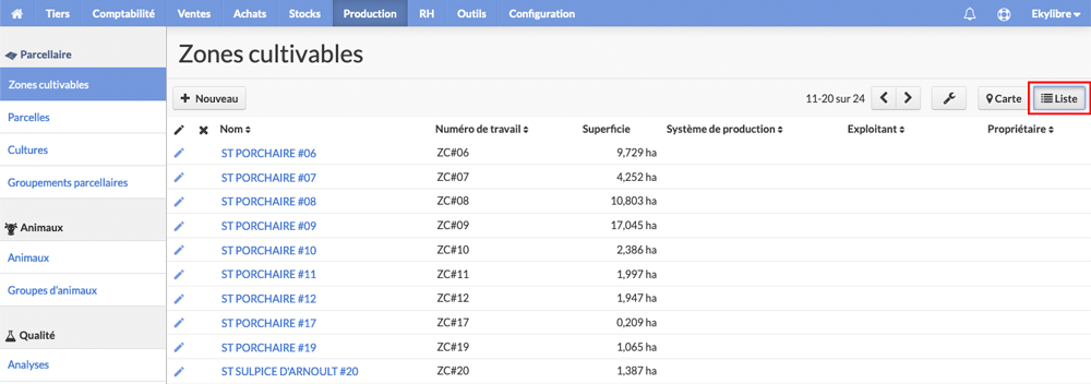 Liste des zones cultivables